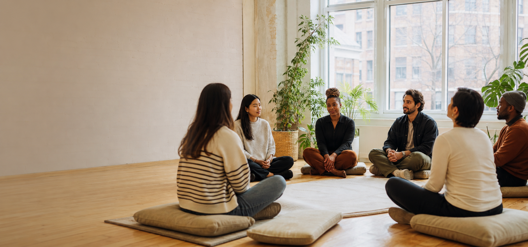 A facilitated circle in a bright community studio